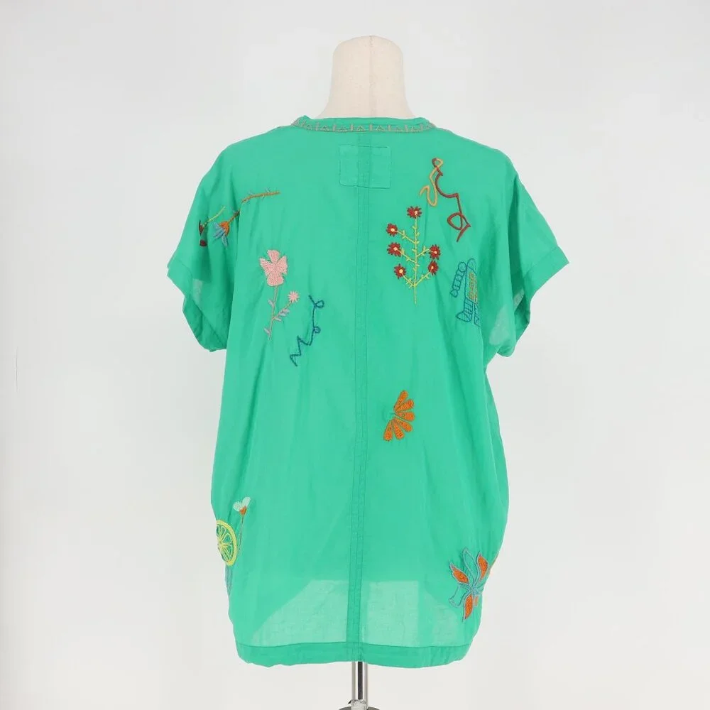 JOHNNY WAS Biya Lemona Embroidered Henley Short Sleeve Blouse Green Size M - Picture 5 of 10